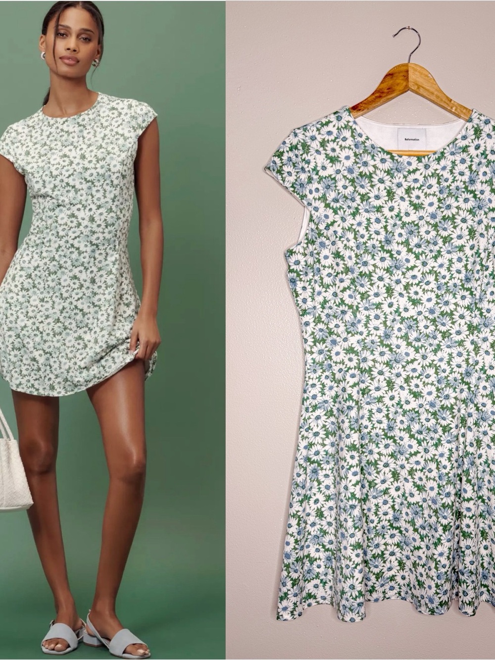 Reformation | Yves Floral Daisy Meadow Green Knit Dress NWOT, large